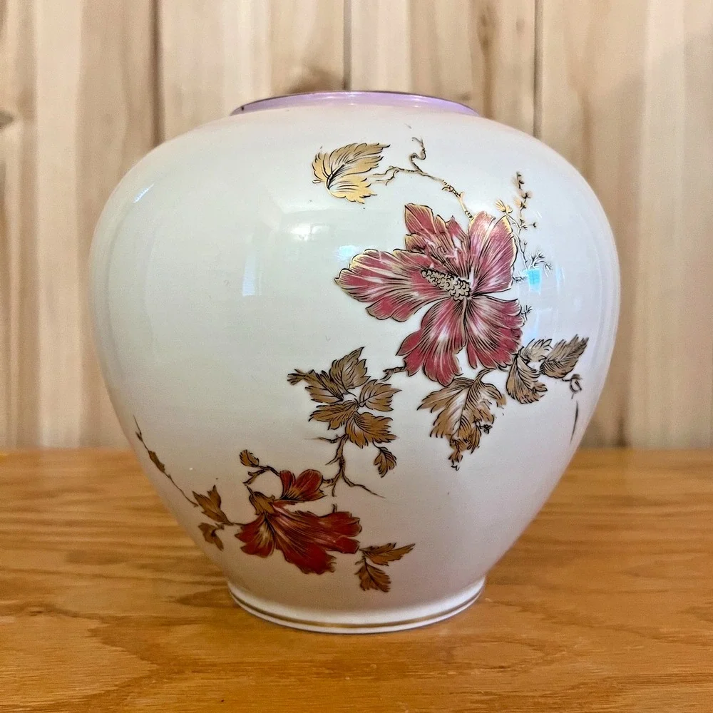 Hutschenreuther Germany Porcelain Vase Gold Floral Round Vintage Stained Rim 6
